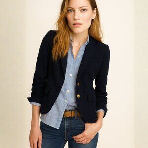 J. Crew Linen/Cotton Blend Schoolboy Blazer in Navy with Gold Crest Buttons SZ 0